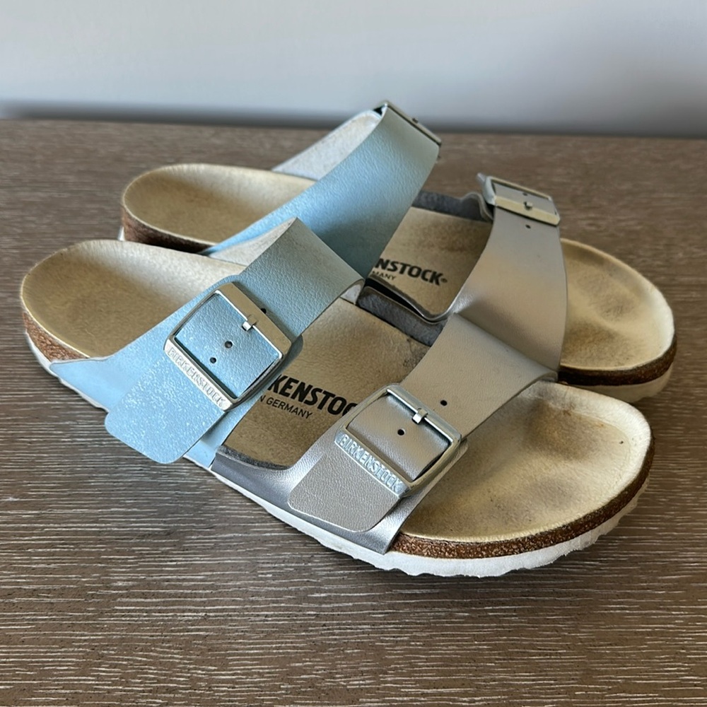 Birkenstock Sandals Unisex Womens 10 Mens 8 Arizona Split Birko Flor Silver Blue